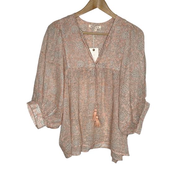 Marea Puff Sleeve Steph Top Small Blush Pink Floral V Neck Boho Tasseled Cotton - Picture 2 of 11